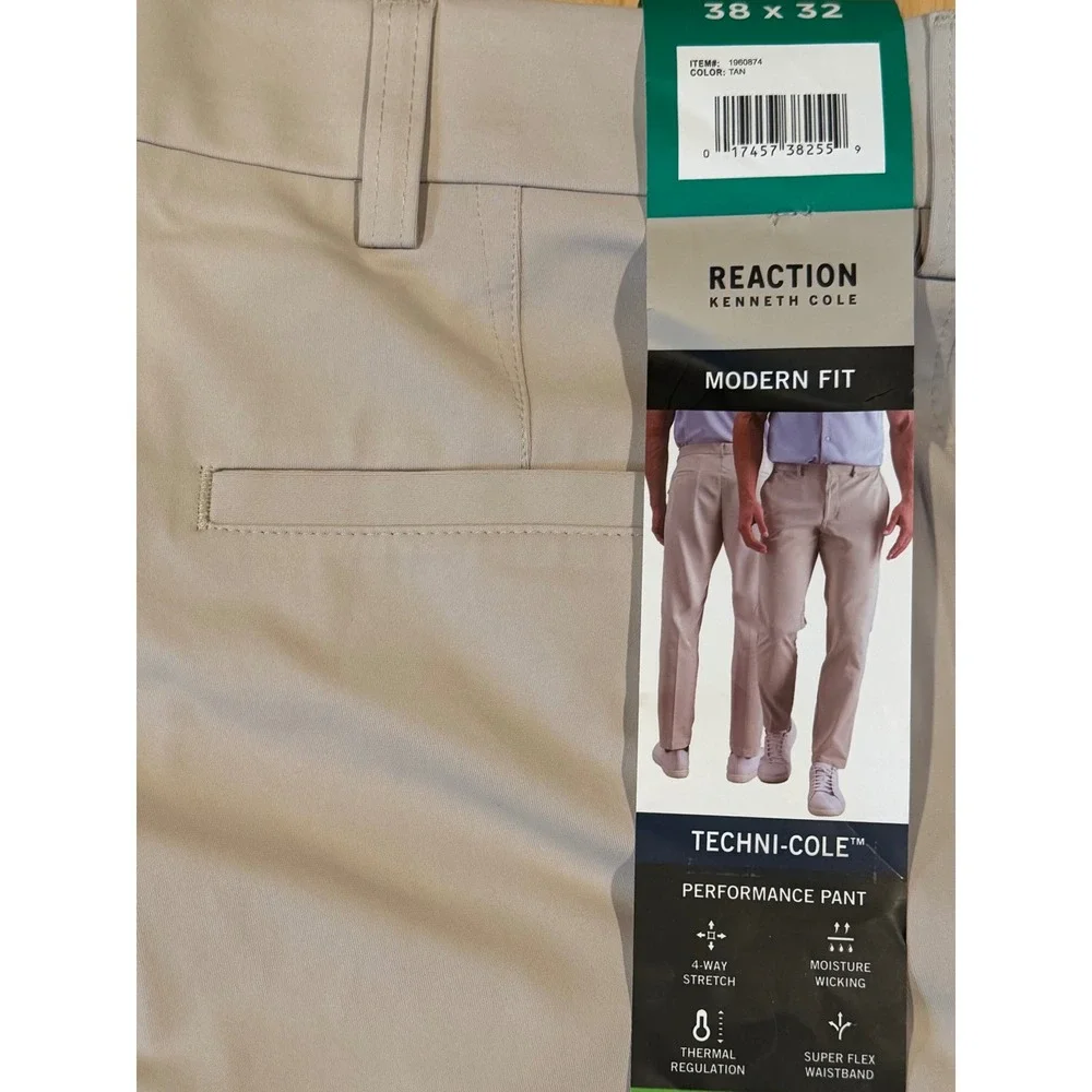 NWT Kenneth Cole Reaction Techni-Cole Performance Pant Tan Modern Fit 38x32 Golf
